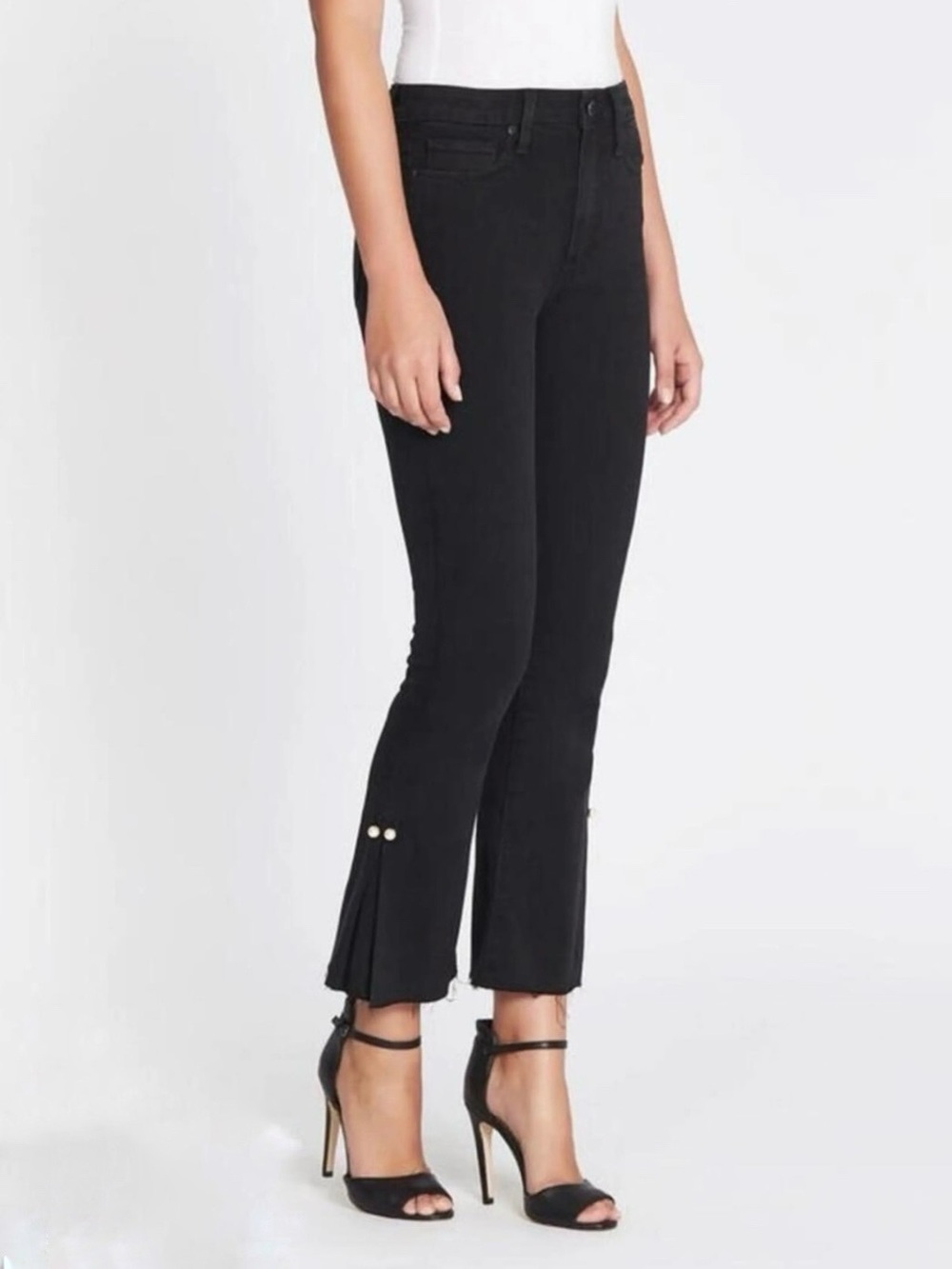 PAIGE Colette Crop Flare Jeans Black 26 Frayed Pearl Hem High Rise Ankle Denim